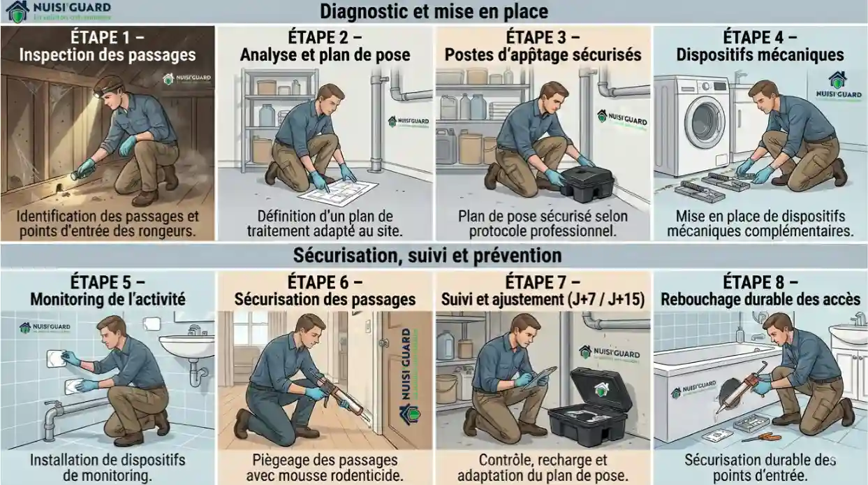 Infographie détaillée du processus de dératisation étape par étape : diagnostic, traitement, suivi et prévention