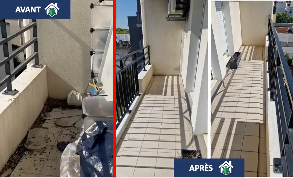 Balcon à Lyon avant/après nettoyage des fientes de pigeons : enlèvement, bio-nettoyage, désinfection et désodorisation
