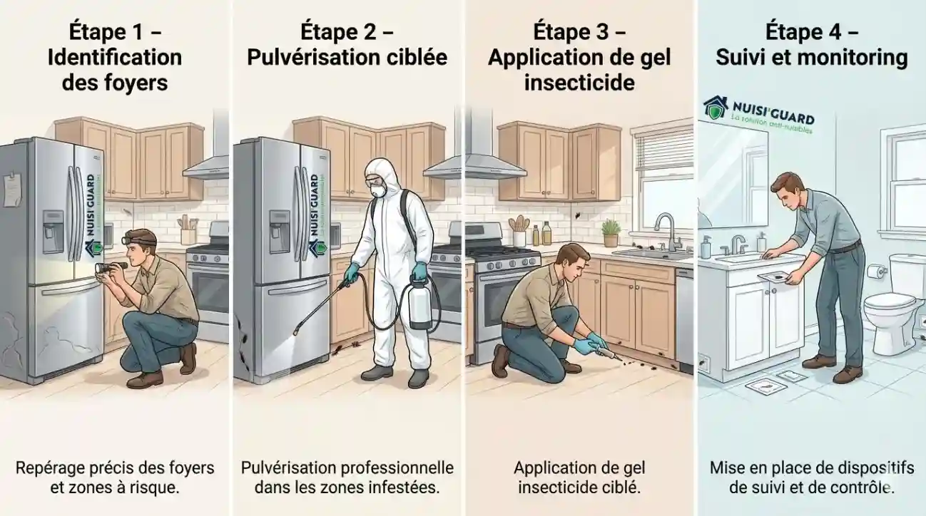 Infographie détaillée du processus de traitement professionnel des cafards étape par étape