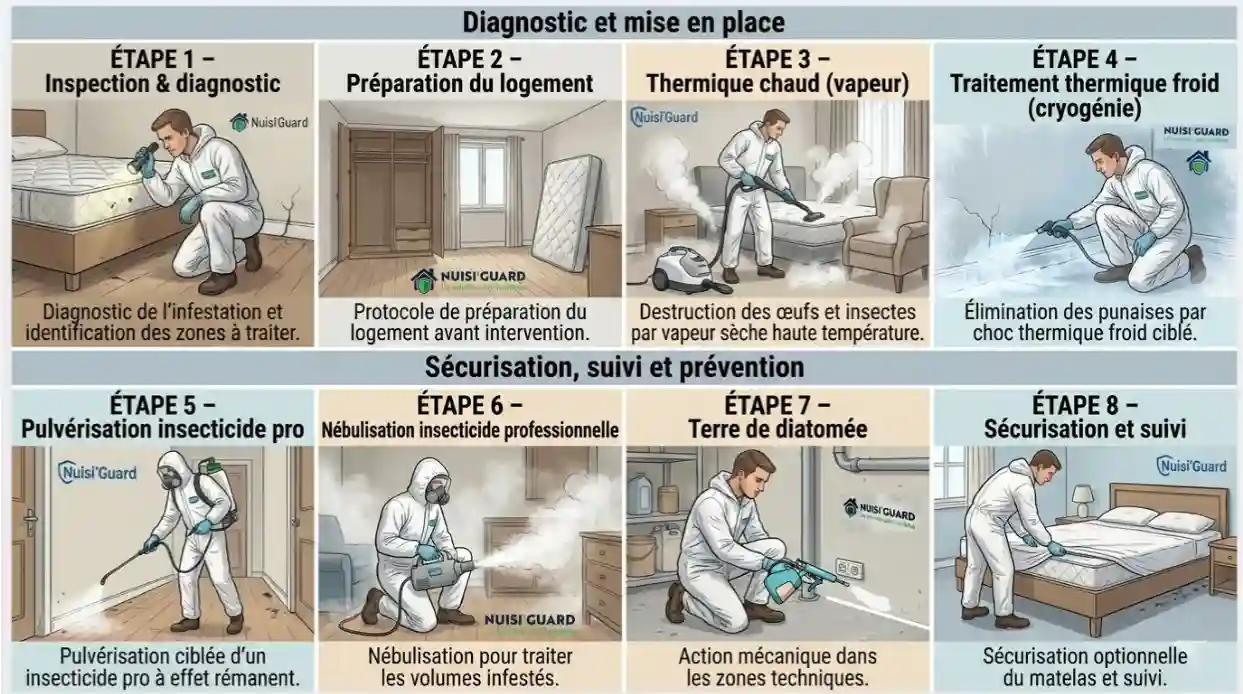 Infographie détaillée du processus de traitement professionnel des punaises de lit étape par étape