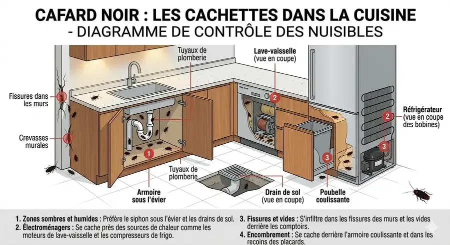 Plan des cachettes du cafard noir dans une cuisine à Lyon
