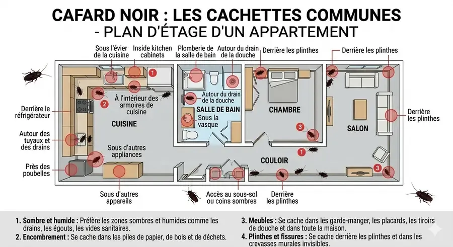 Plan des cachettes du cafard noir dans une maison à Lyon